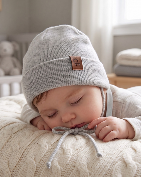 A close-up of a baby sleeping peacefully on their stomach on a cream-colored cable-knit blanket. The baby is wearing a light grey knit beanie with a brown leather logo patch, secured by strings tied in a neat bow under the chin. A blurred nursery with a crib is visible in the background.