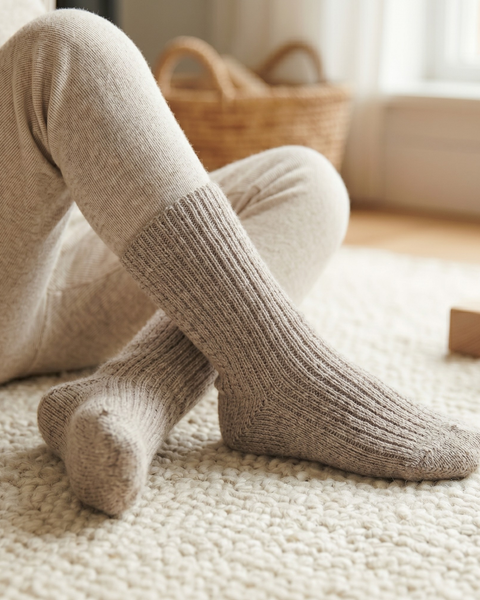 A close-up view of a child's legs sitting cross-legged on a thick, textured cream-colored rug. The child is wearing light beige ribbed long johns and thick, beige ribbed knit socks. Wooden toy blocks are scattered near their feet in the background.