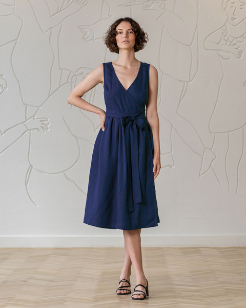Linen Sleeveless Smock Dress Macie storm blue Color
