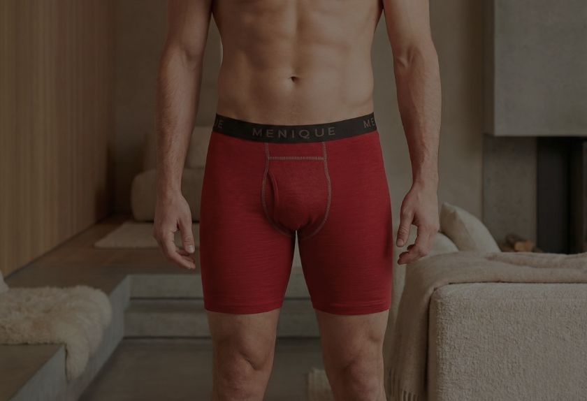 A man is shown from the torso down, wearing red boxer briefs with a black elastic waistband in a blurred indoor setting.
