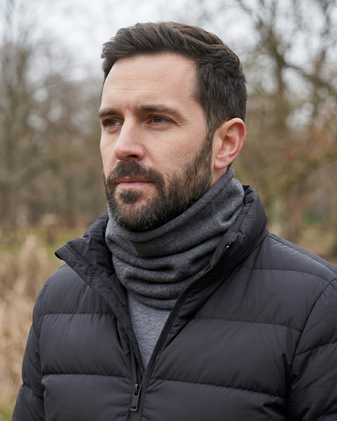 A man standing outdoors, looking thoughtfully off to the side. He is wearing a black puffer jacket zipped over a grey sweater, with a dark grey knitted neck gaiter bunched warmly around his neck. The background features blurred bare winter trees.