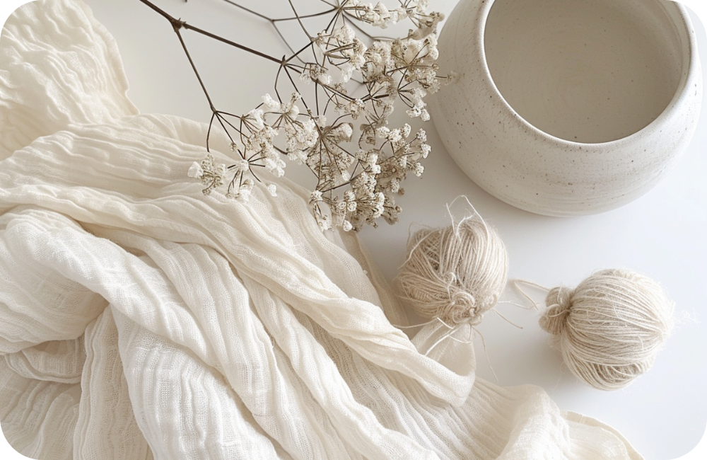 A top-down minimalist shot of textured, off-white linen fabric draped next to a simple white ceramic bowl and soft, dried botanical stems.