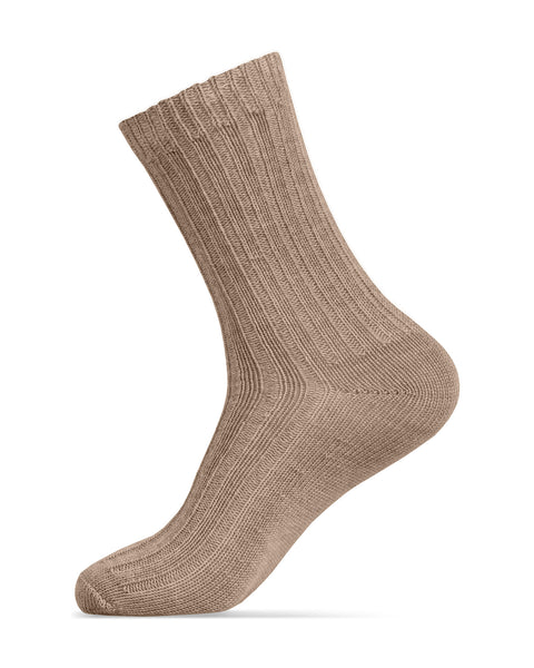 Women's beige merino wool ribbed crew socks – soft, breathable, and temperature-regulating casual wear.