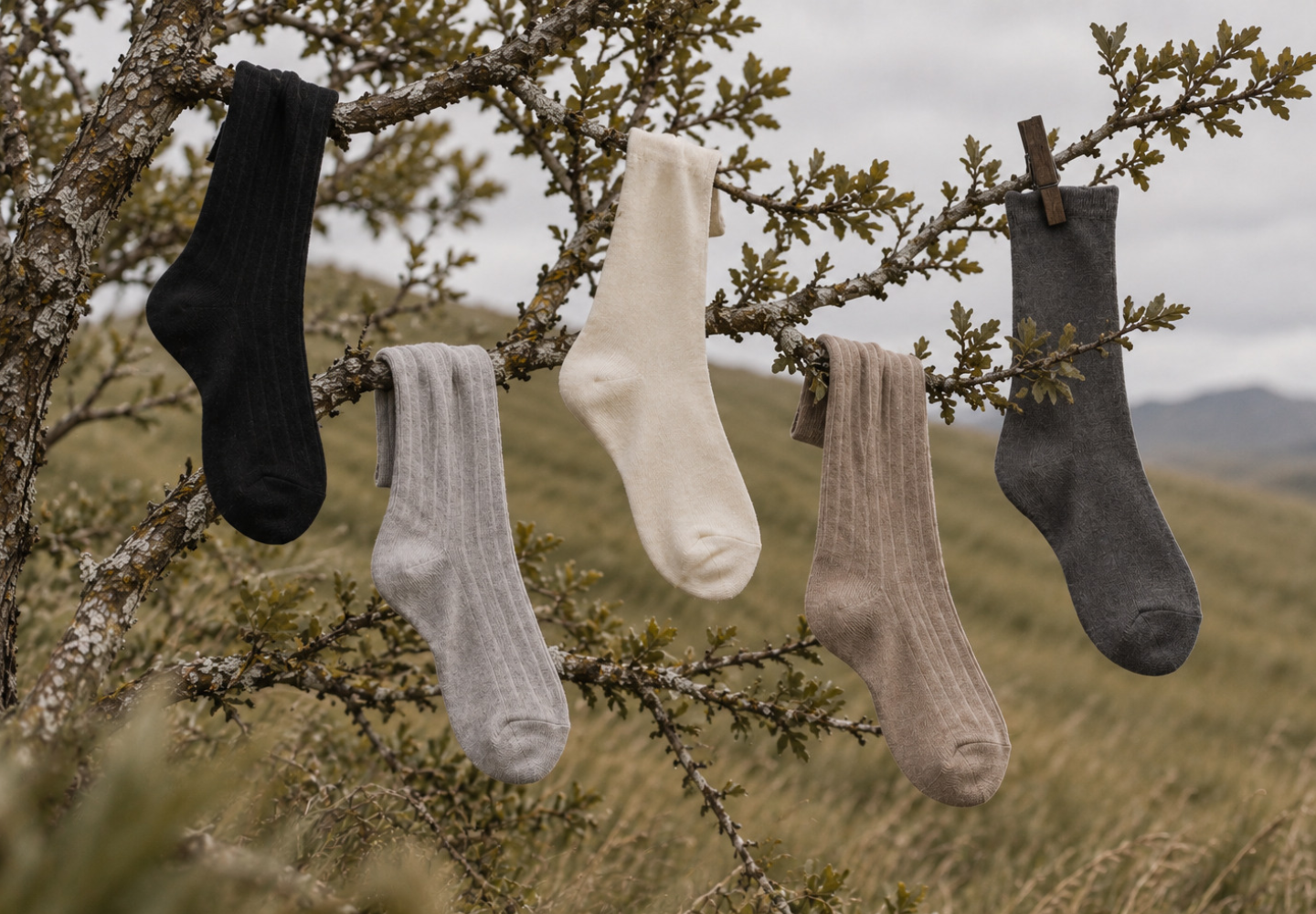 Five ribbed knit socks in shades of black, light grey, cream, tan, and dark grey hang from the branch of a small, rustic tree attached by wooden clothespins. A softly blurred background shows rolling grassy hills under a cloudy sky.