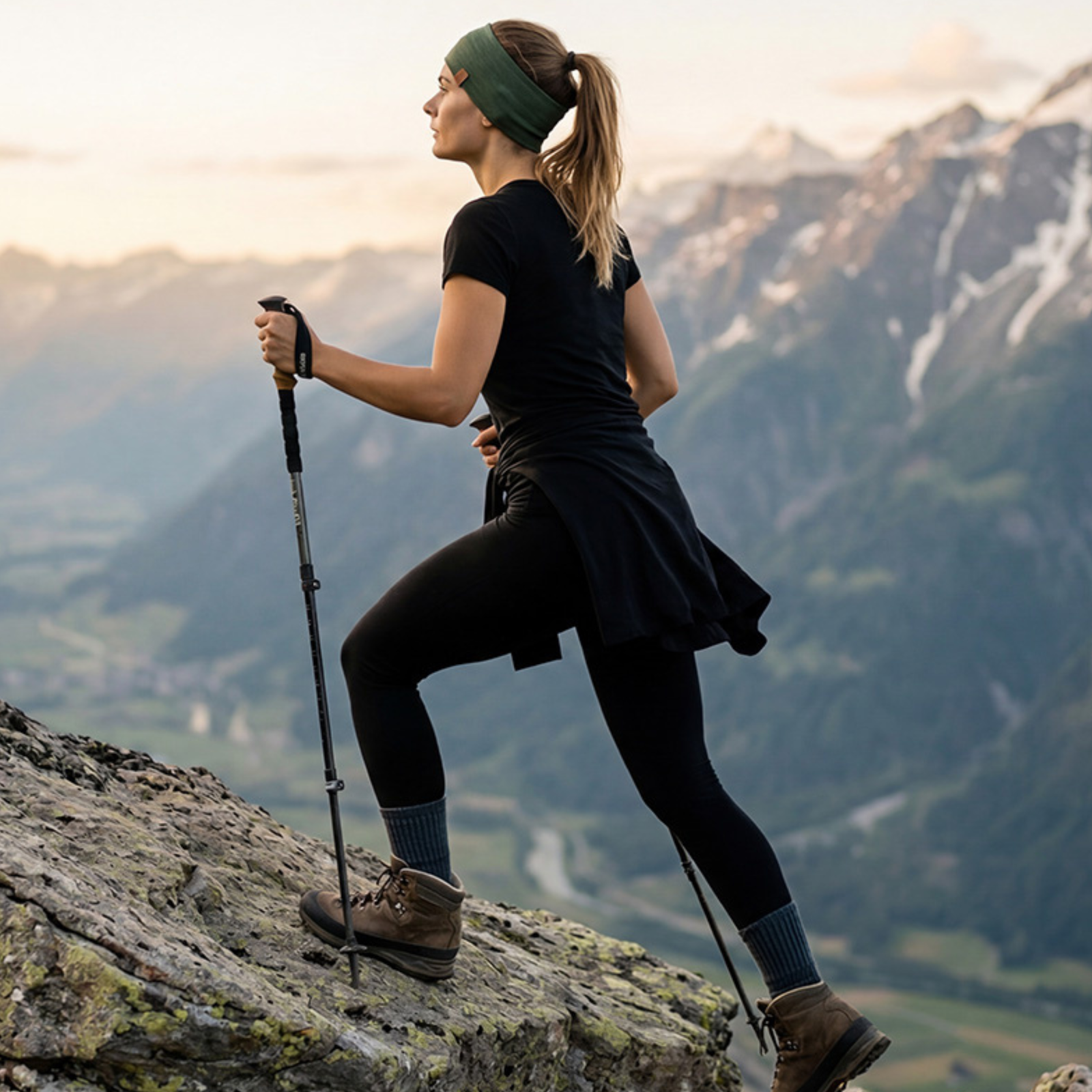 A woman hiking towards the camera on a rocky mountain path. She is wearing a black short-sleeved t-shirt, black leggings, and dark hiking boots, with an olive-green backpack securely strapped to her chest and waist. She is holding a trekking pole in her right hand and looking off to the side. Behind her is a scenic view of rugged mountain peaks under a clear blue sky.