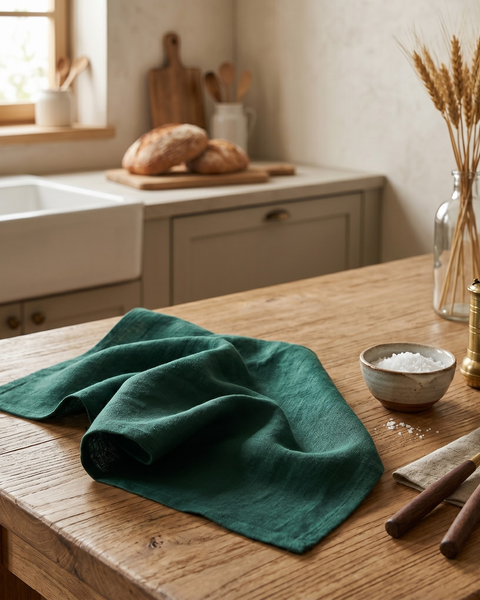 A textured, dark forest green linen kitchen towel, softly folded and resting on a rustic wooden table. Beside it are a small ceramic bowl filled with coarse salt, a brass pepper grinder, and two brass spoons with dark wooden handles resting on a neutral-colored linen napkin. In the softly blurred background, a loaf of crusty bread sits on a cutting board near a white farmhouse sink.