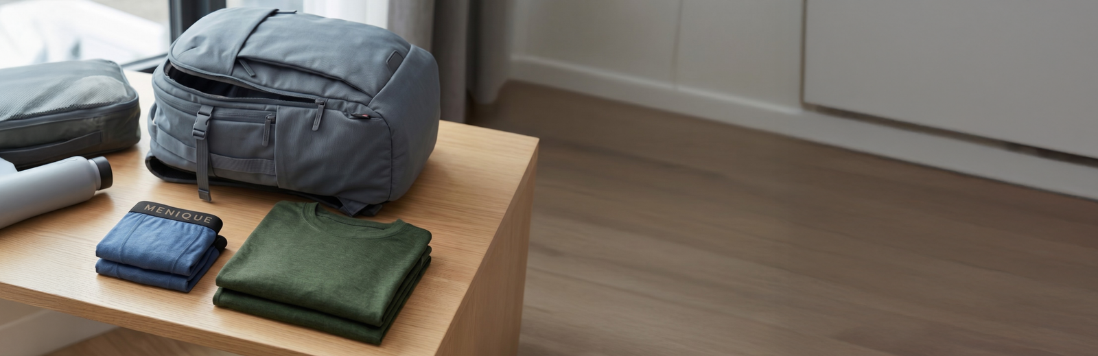 A lifestyle shot showing travel preparation. On a light wooden bench, a grey backpack sits partially open next to a grey packing cube and a grey water bottle. Neatly folded in front of the bag are a pair of folded blue Menique boxer briefs and a folded dark green t-shirt. The background shows a portion of a room with a window, curtains, and light wood flooring.