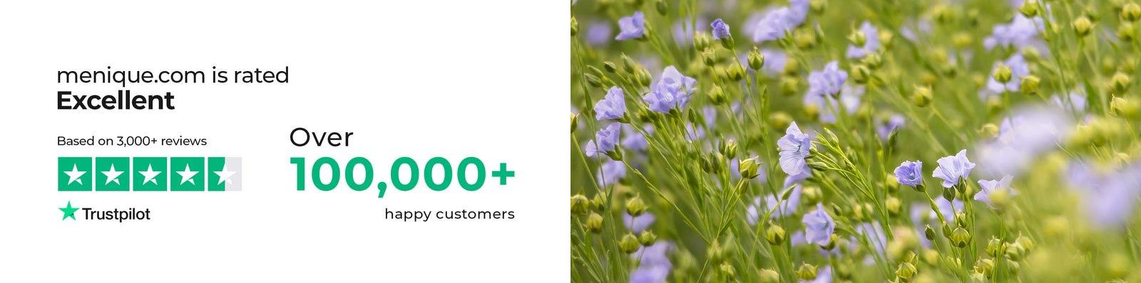 A wide banner featuring customer trust information for mennique.com, showing a Trustpilot rating marked as “Excellent” with five green stars based on over 3,000 reviews, alongside text stating “Over 100,000+ happy customers.” The right side of the image displays a close-up of blooming flax flowers with delicate light blue petals and green stems, symbolizing natural materials and sustainability.