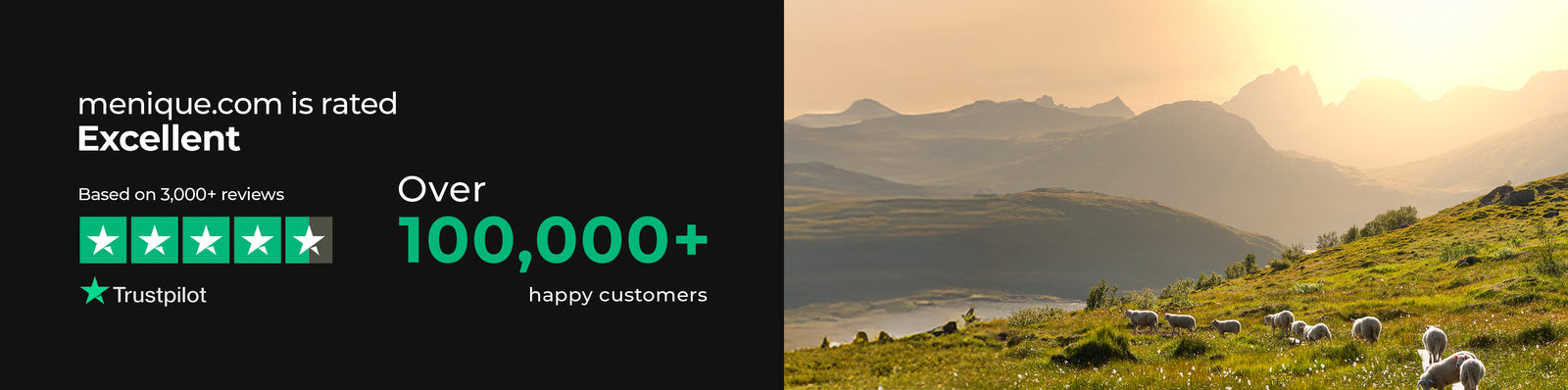 Scenic landscape with mountains and sheep, alongside a Trustpilot rating graphic on mennique.com.