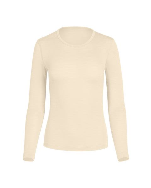Natural long-sleeve merino wool base layer top displayed on a white background, featuring a classic crew neckline, lightweight thermal fabric, and a streamlined silhouette ideal for layering in cold weather and year-round use.