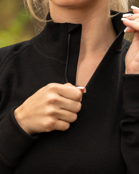 Women's Merino Wool Sports Jogging Zip neck top 250gsm Black