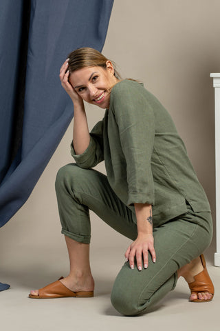 Linen Long Sleeve Blouse & Pants 2-Piece Stone Green - XS / Stone Green